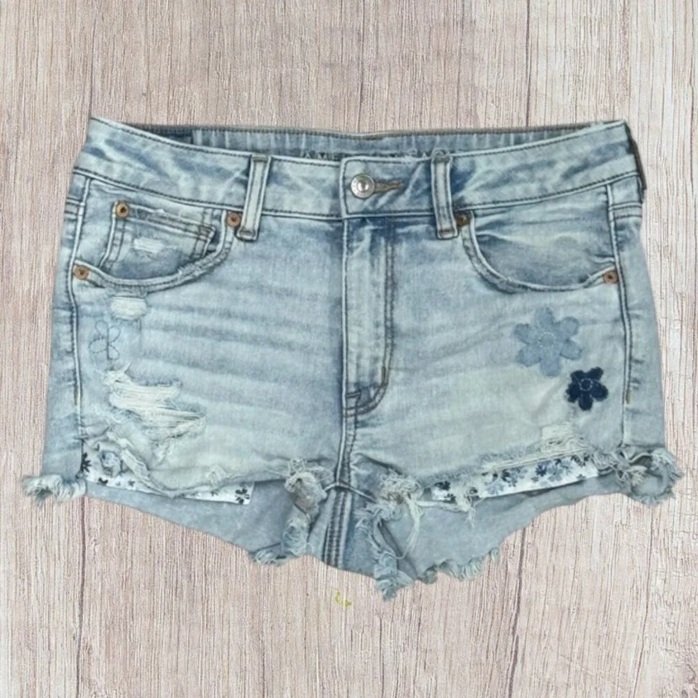American Eagle Next Level Stretch Blue Raw Hem Cutoff Distressed Daisy Shorts 6